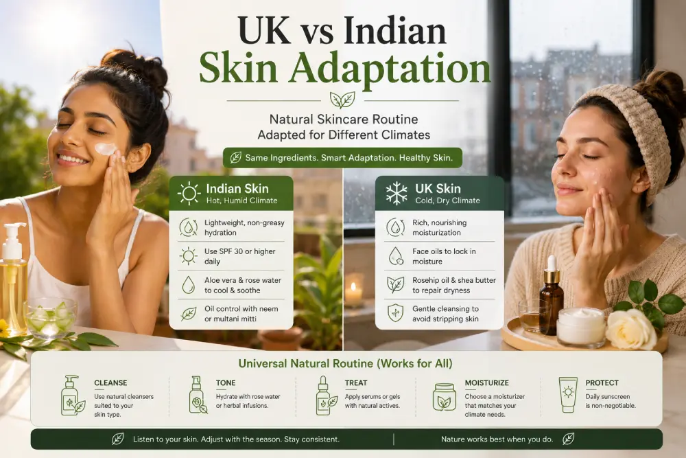 Organic skincare routine adapted for UK and Indian skin types across different climates