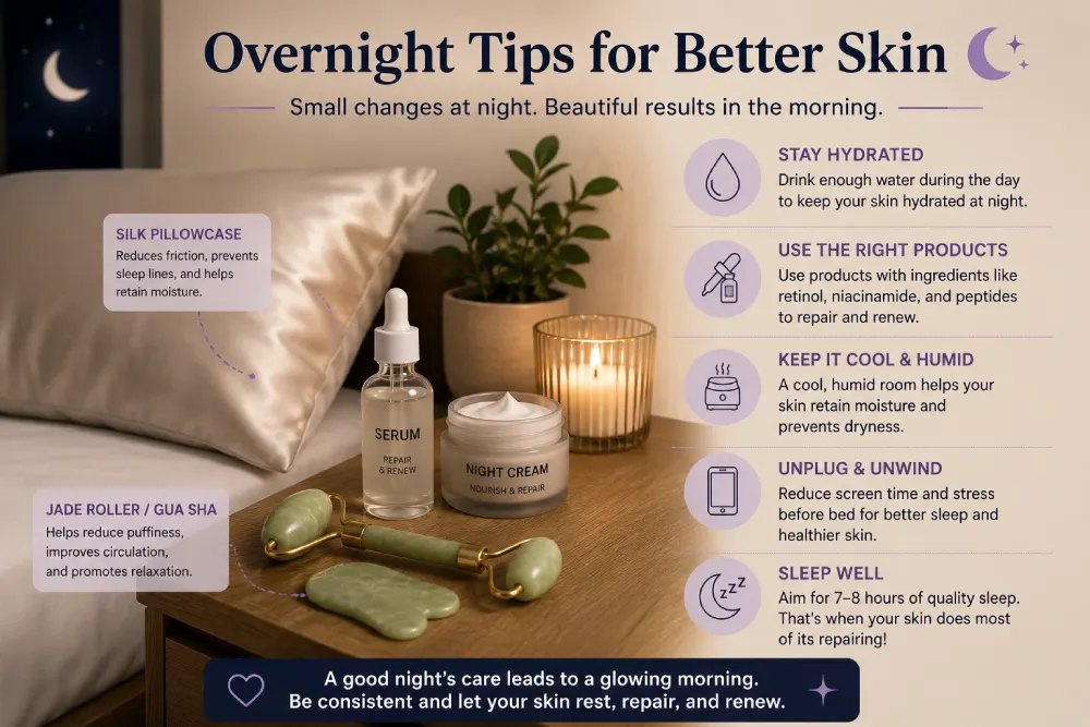 Silk pillowcase on bed with overnight skincare tips setup for healthy skin while sleeping