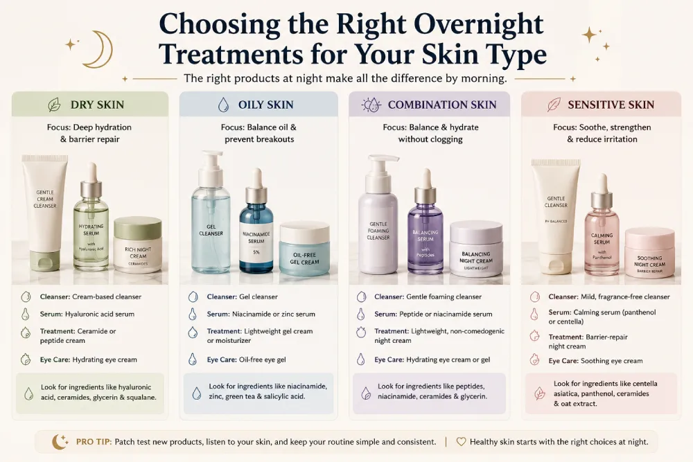 Overnight skincare treatment products organised by skin type — dry, oily, combination, and sensitive — for a bedtime routine
