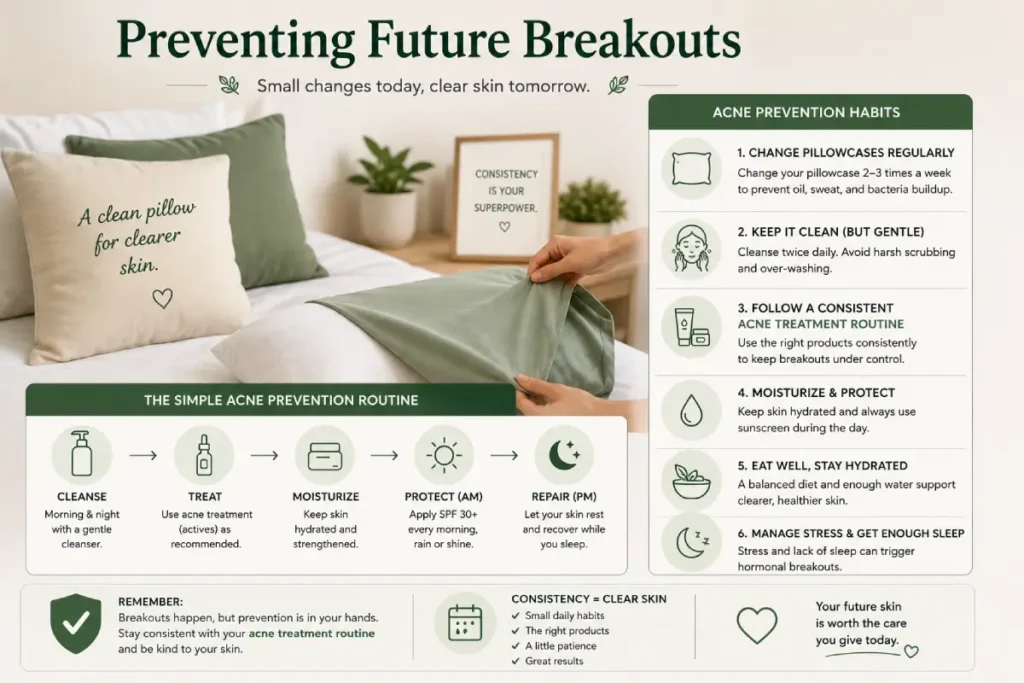 Preventing future acne breakouts by changing pillowcase regularly alongside a consistent acne treatment routine