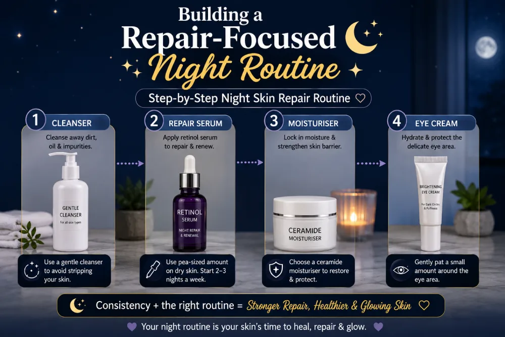 Step-by-step night skin repair routine showing cleanser, repair serum, moisturiser, and eye cream in correct order