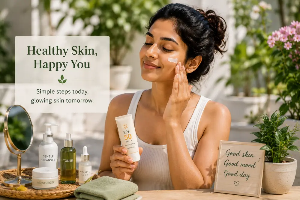 Woman with healthy glowing skin applying SPF as part of daily women wellness tips