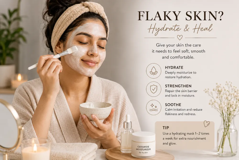 Woman applying hydrating face mask for flaky dry skin treatment