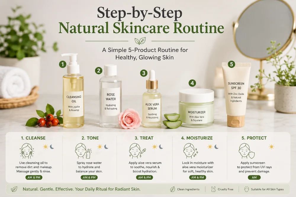 Step-by-step natural skincare routine products arranged in morning and evening order