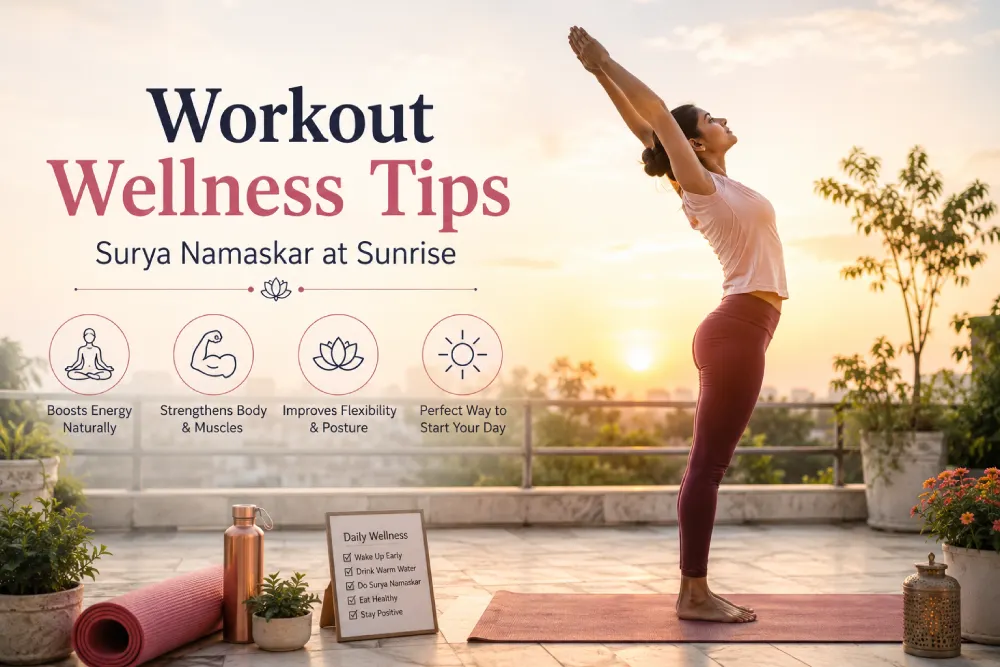 Workout wellness tips — Indian woman doing Surya Namaskar on rooftop at sunrise