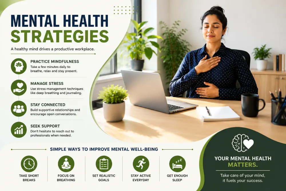 Employee practicing mindfulness at their desk for workplace mental health