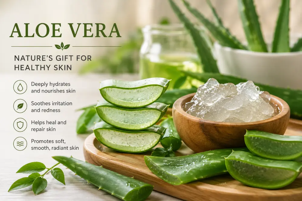 Fresh aloe vera leaf being cut open with gel visible