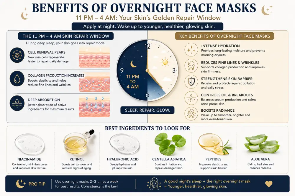 Benefits of overnight face masks for acne — skin repair window 11pm to 4am cell renewal