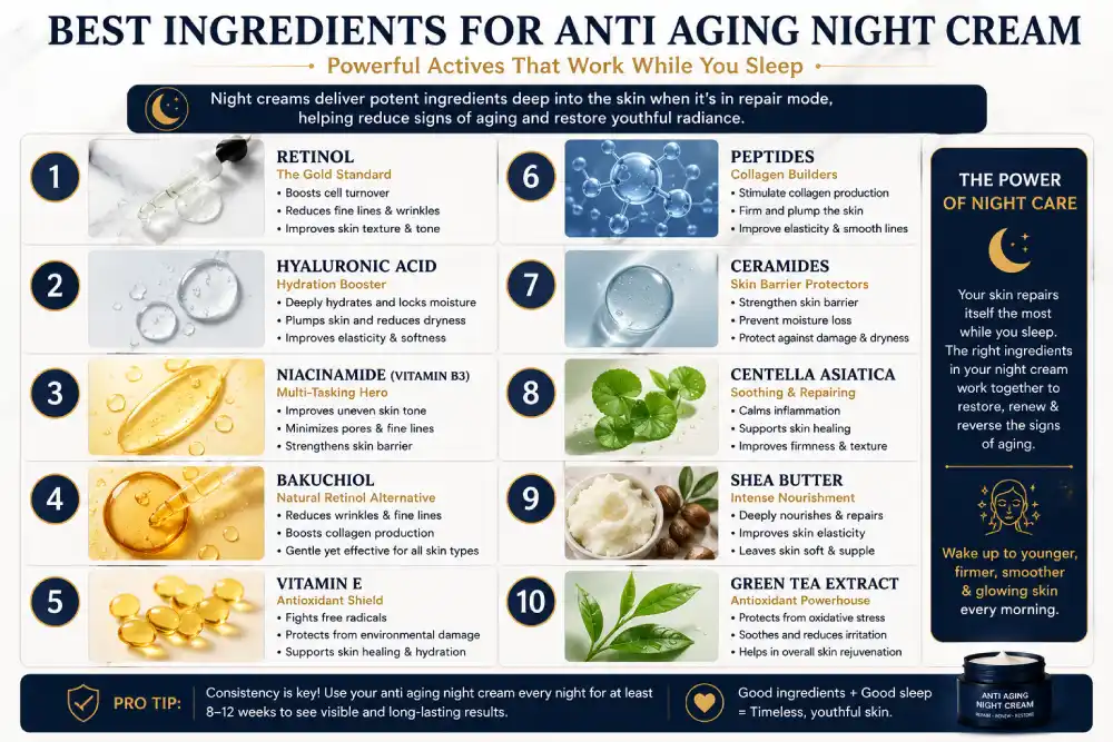 Best ingredients for anti aging night cream — retinol peptides ceramides bakuchiol India 2026