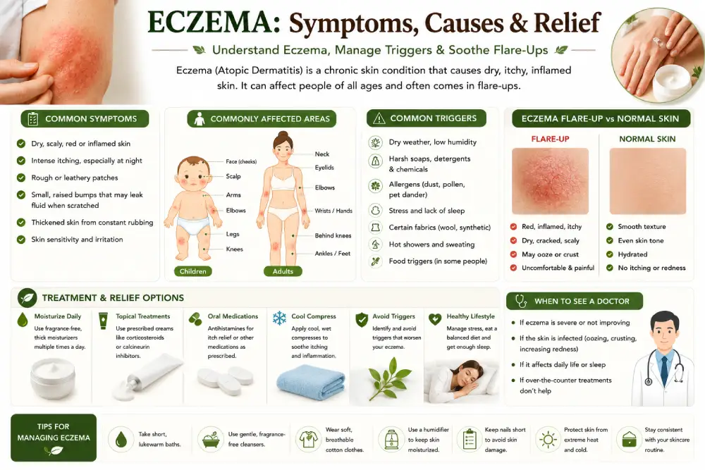 Illustration of eczema symptoms and affected skin areas