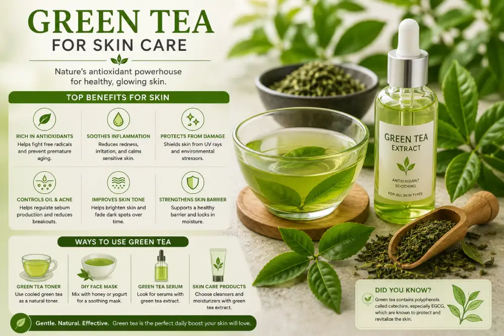 Green tea extract or brewed tea beside skincare products