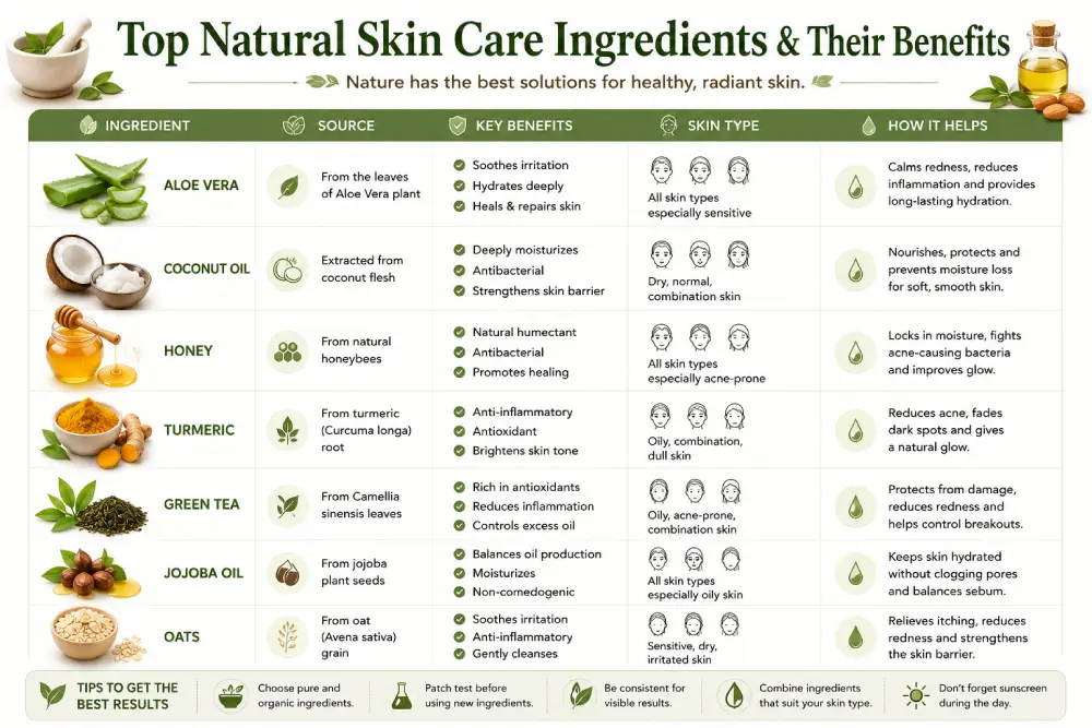 comparison chart of top natural skin care ingredients and benefits
