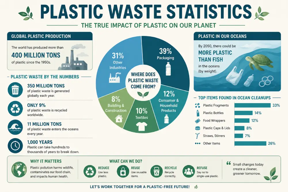 Infographic showing global plastic waste statistics 2026