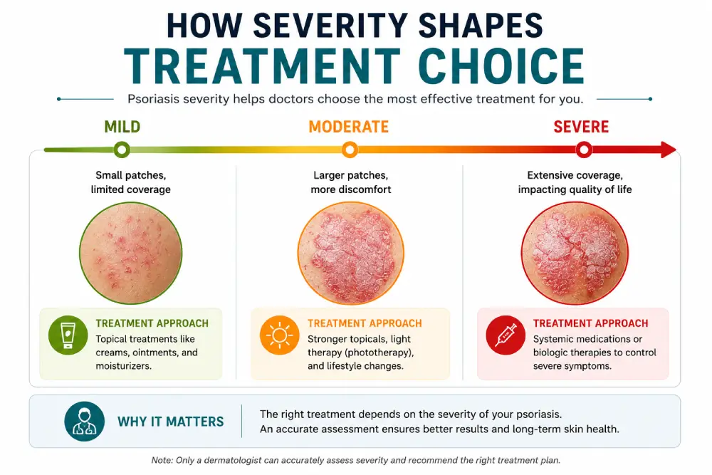 Severity scale showing mild to severe psoriasis treatment pathways