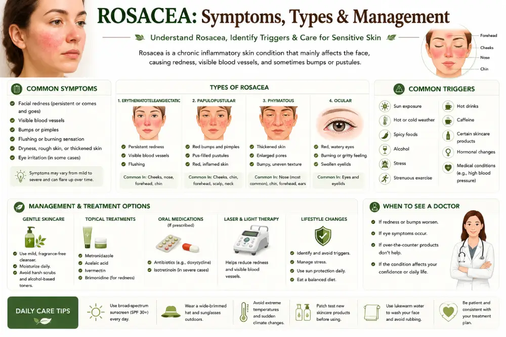 diagram showing common rosacea symptom patterns