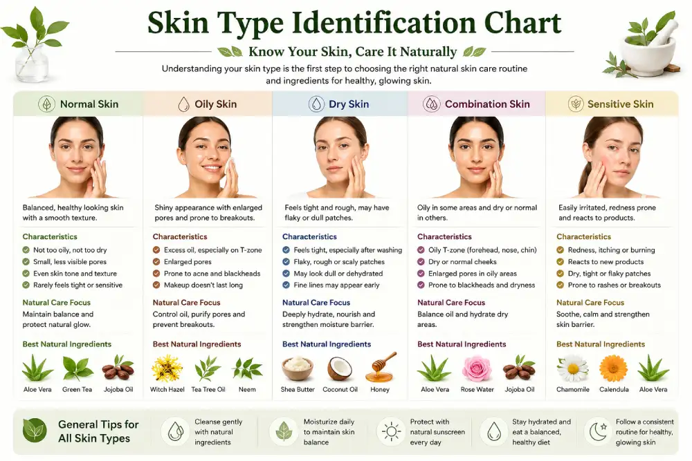 chart showing how to identify oily, dry, combination, and sensitive skin