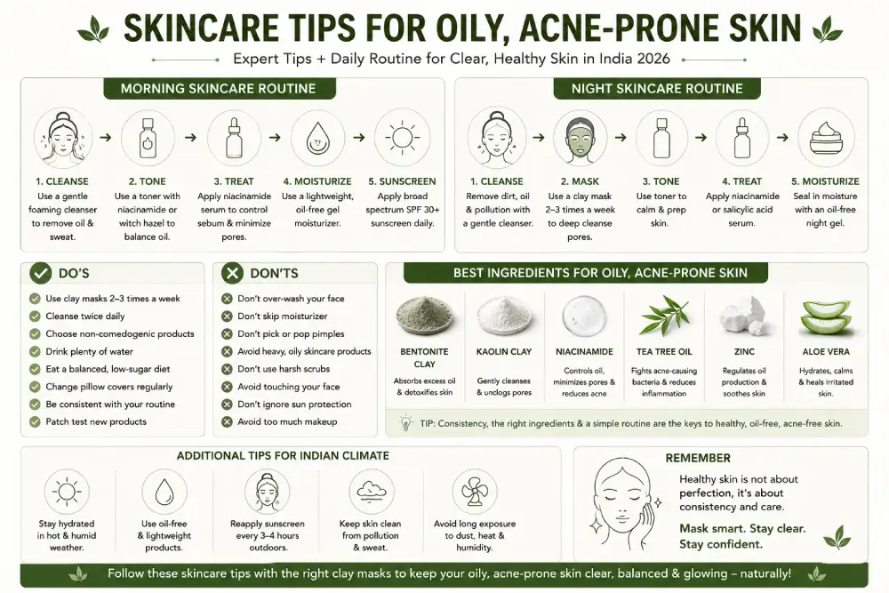 Skincare tips for oily acne-prone skin India — SPF niacinamide moisturiser daily routine