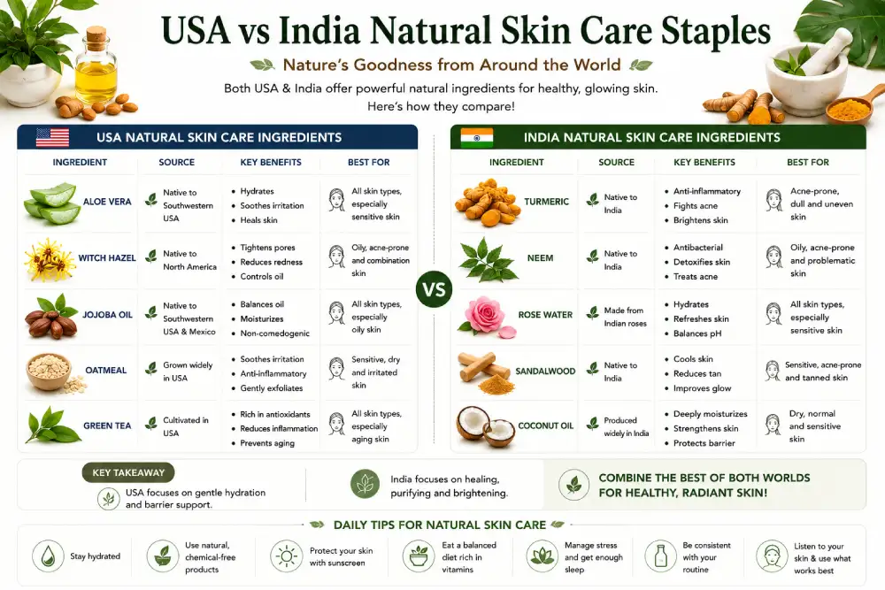 "Natural skin care staples compared USA and India"