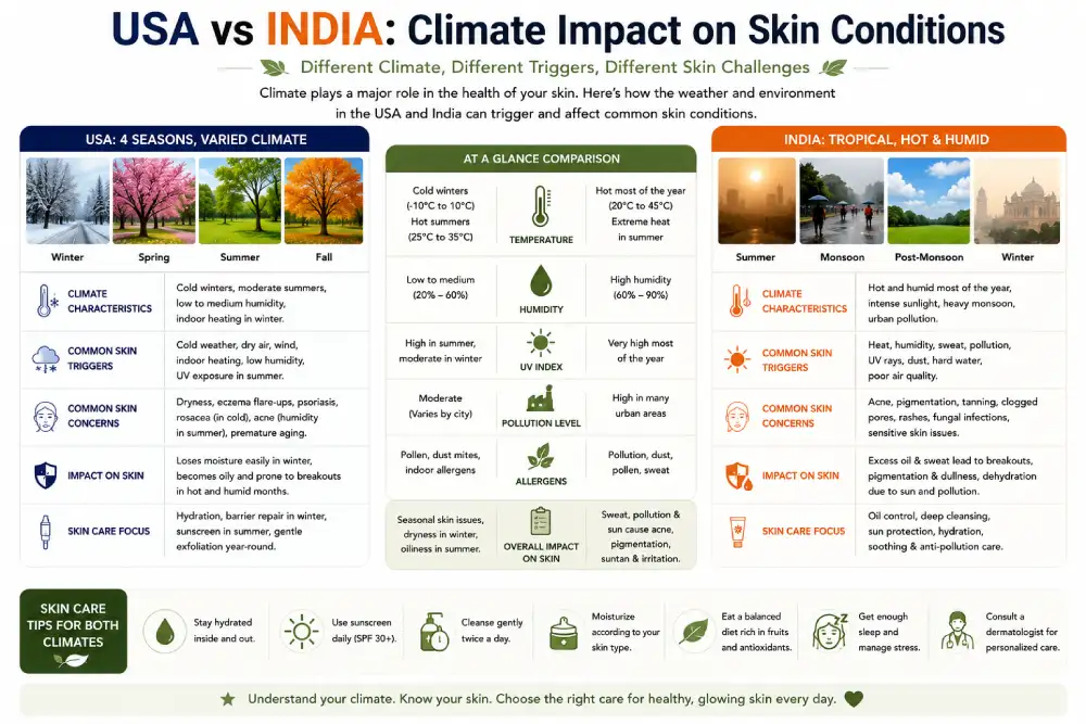 Graphic comparing skin condition triggers in USA and India