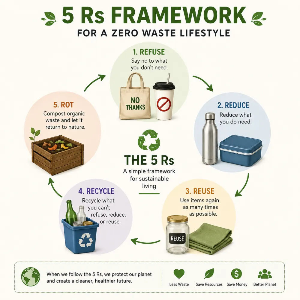 Five Rs of zero waste lifestyle framework diagram