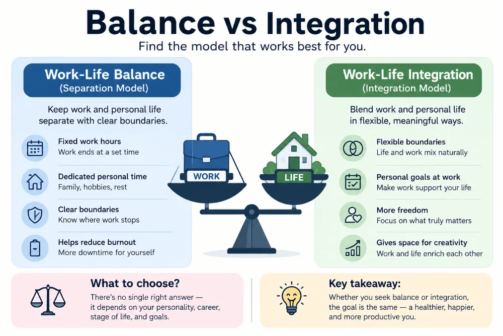 Infographic comparing work life balance vs work life integration models