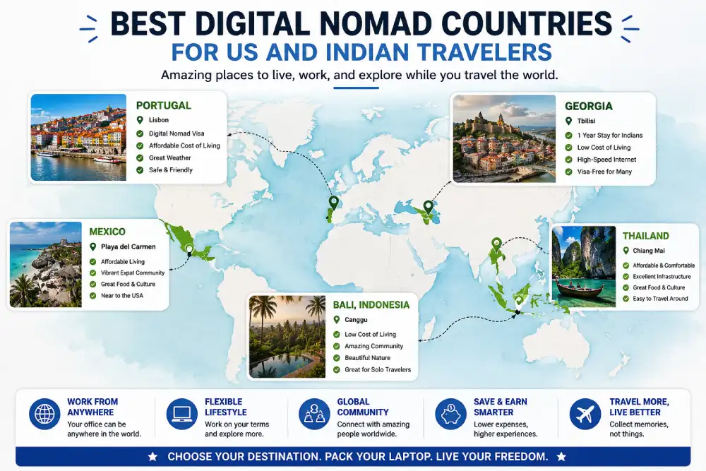 Map highlighting best digital nomad countries for US and Indian traveler