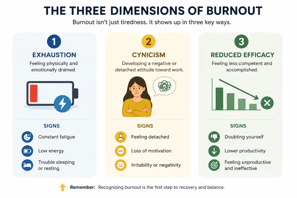 Infographic showing the three dimensions of workplace burnout