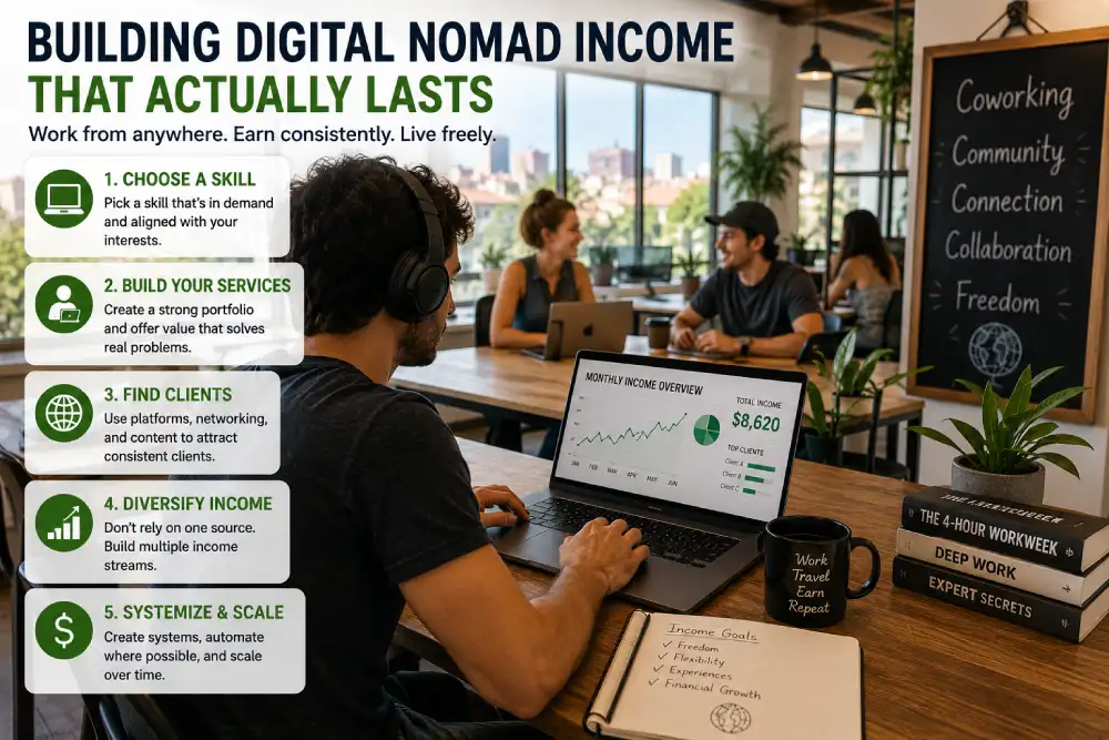 Remote worker earning digital nomad income at a coworking space