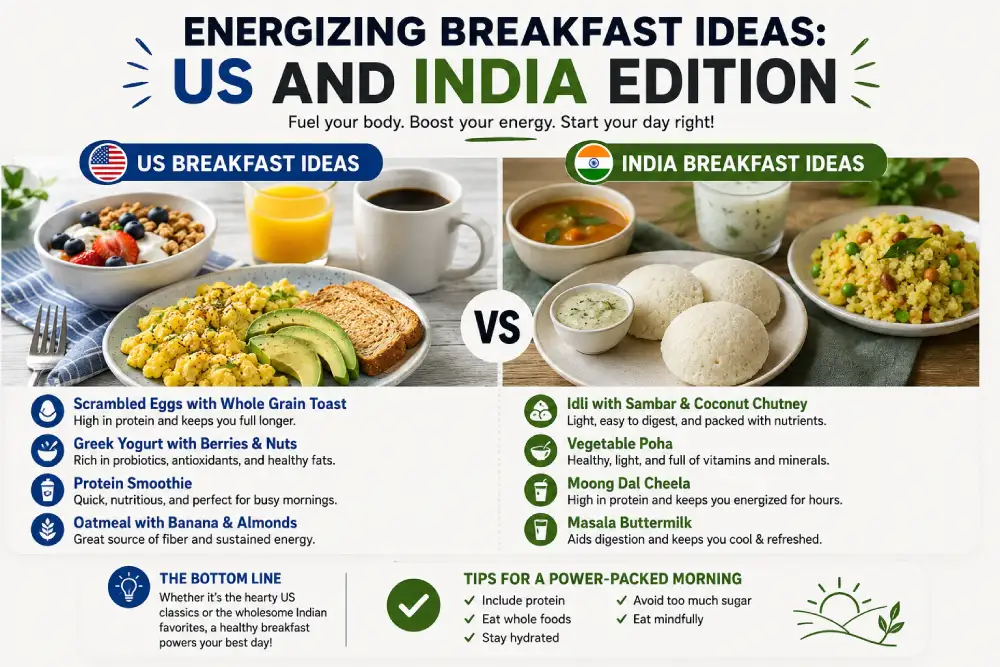 Energizing breakfast ideas comparing US and Indian options