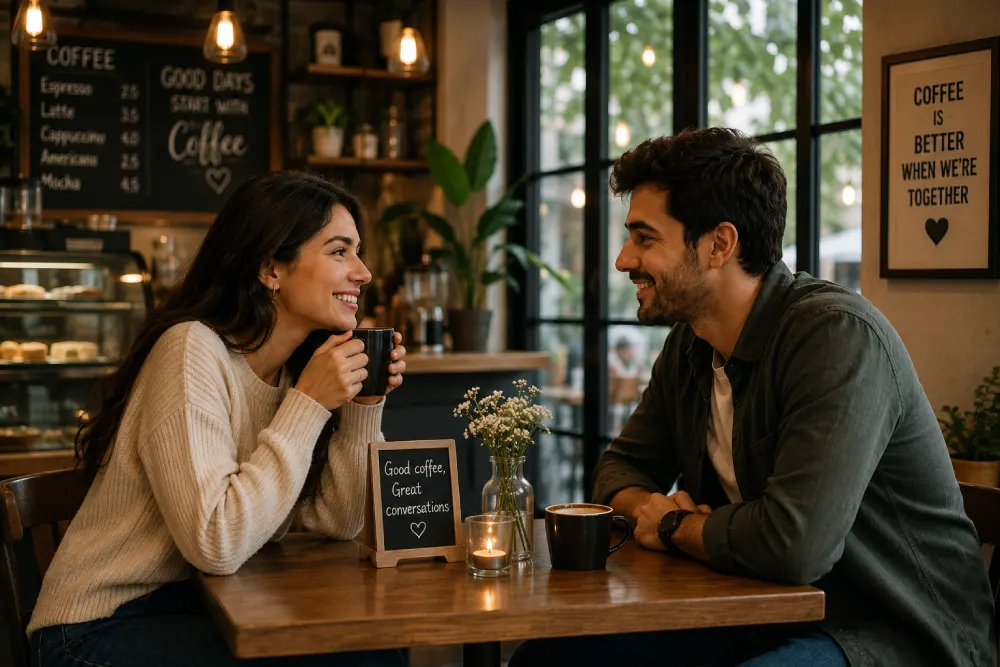 Couple on a relaxed first date at a coffee shop