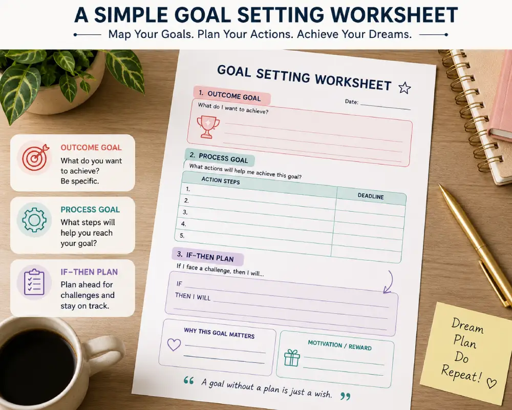 Goal setting worksheet with outcome goal, process goal, and if-then plan