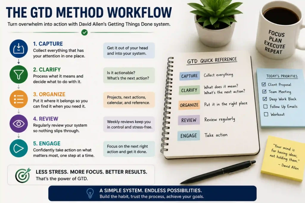 GTD method workflow from capture to next action