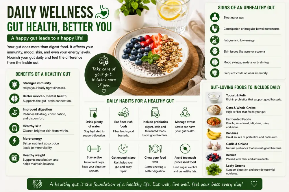 Gut health routine foods including curd and fermented items