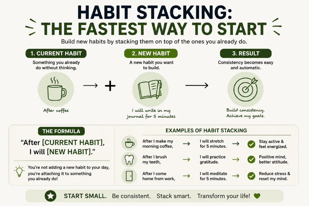 Habit stacking formula example for self-improvement routines