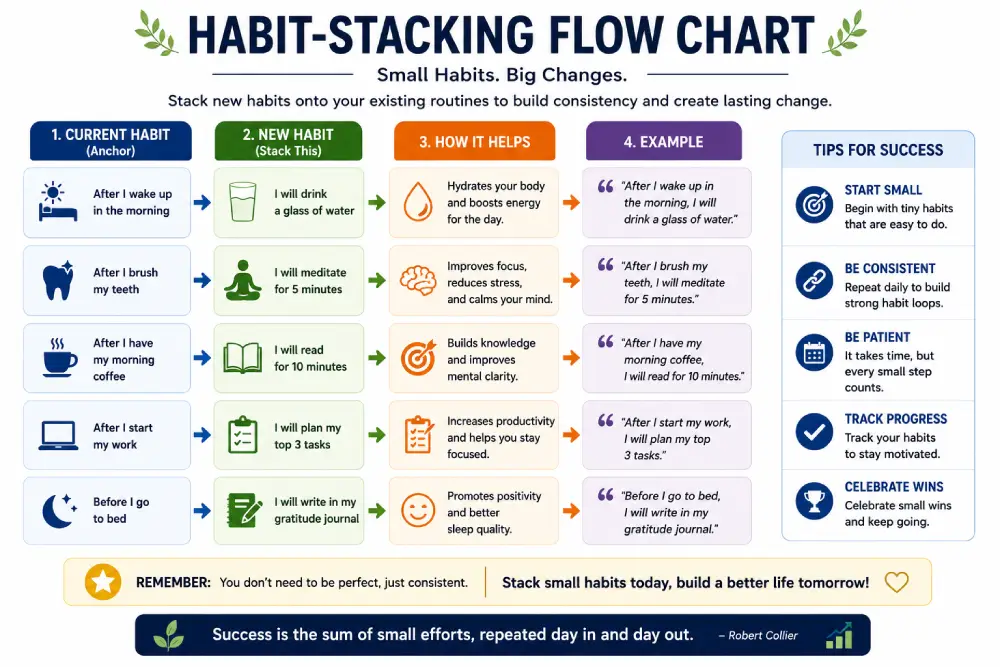 Habit stacking method for self-improvement
