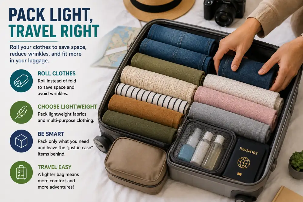 Rolled clothing demonstrating how to pack light for travel