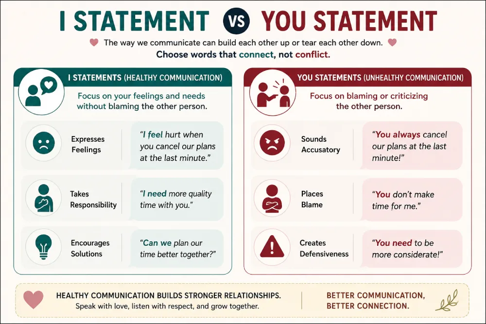 Comparison graphic of healthy vs unhealthy communication phrasing