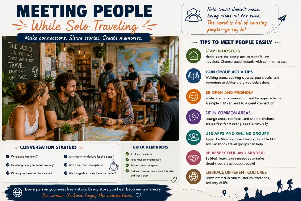 Travelers meeting people while traveling alone at a hostel