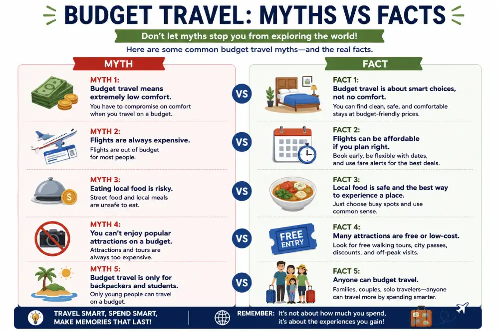 Myth vs fact graphic about budget travel misconceptions