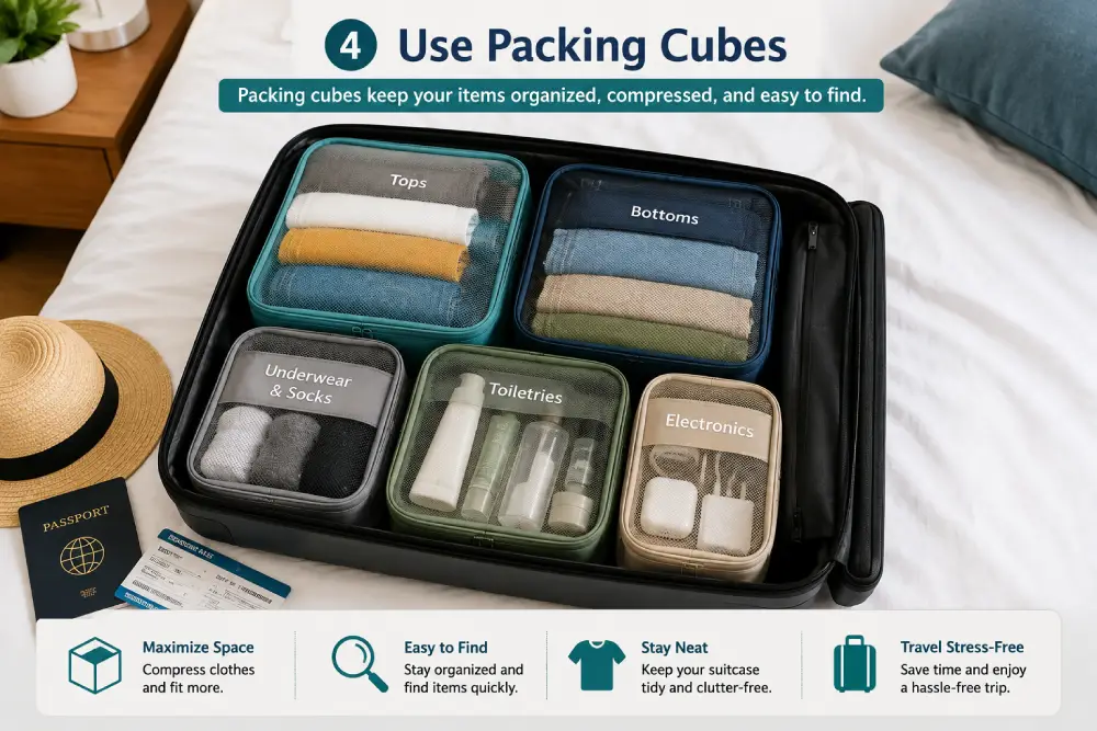 Packing cubes organizing clothes inside a suitcase
