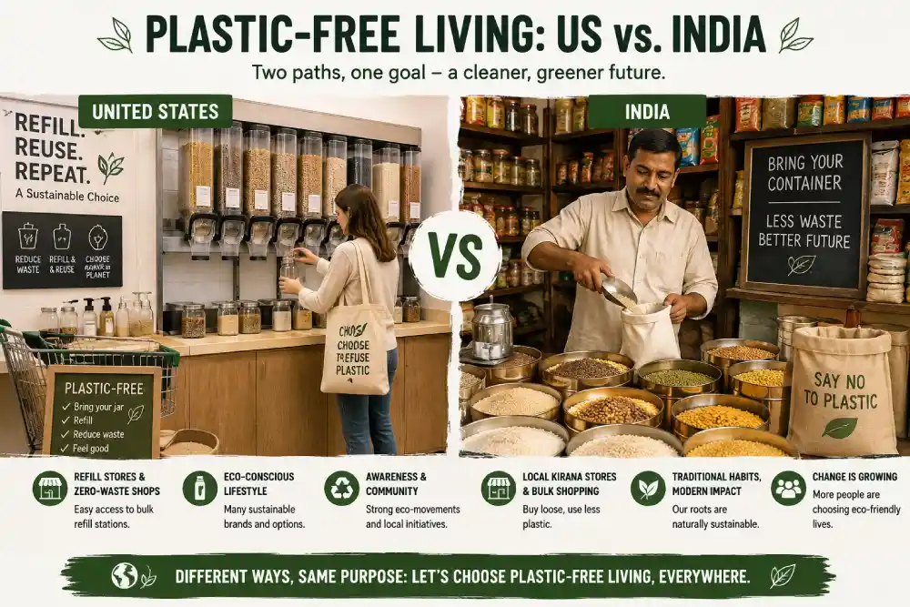 Comparison of plastic-free shopping habits in the USA and India