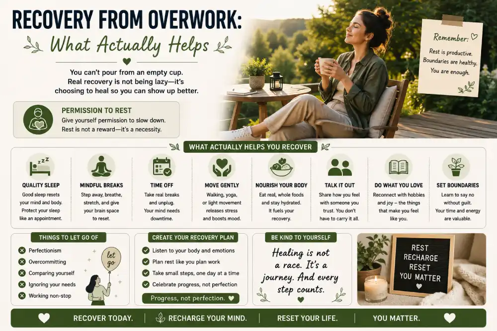 Recovery from overwork shown through rest and professional support 