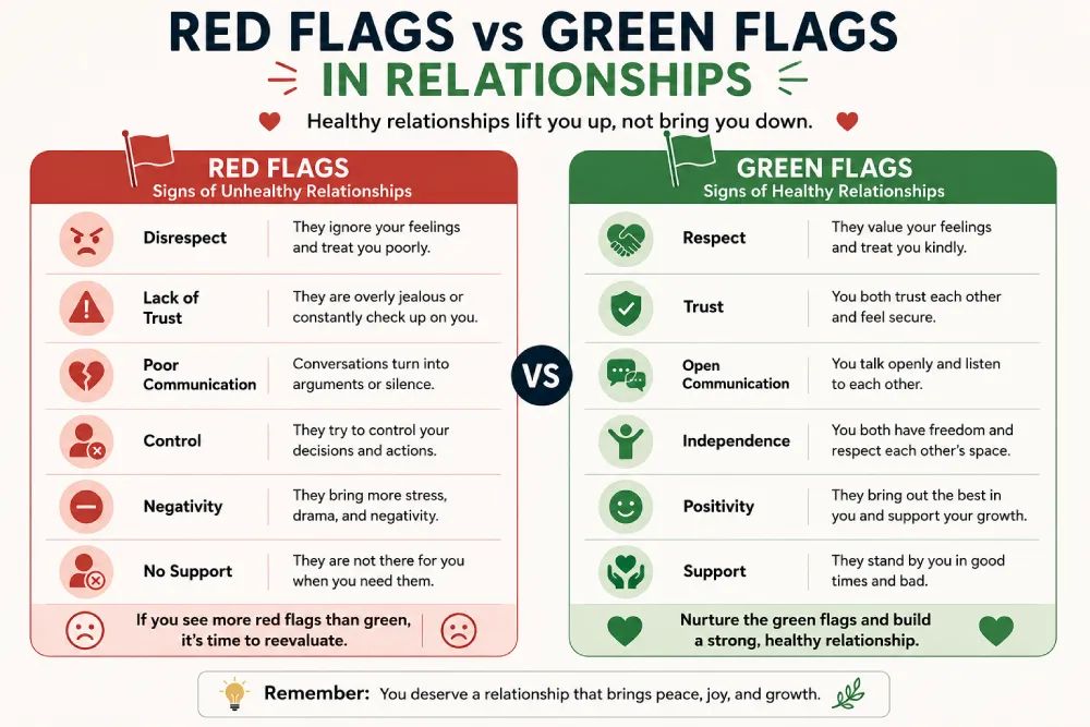 Chart comparing relationship red flags and green flags