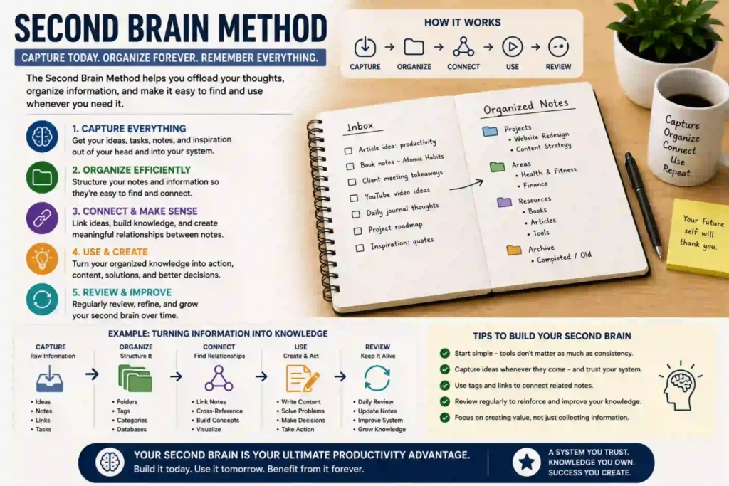 Second brain method showing organized, linked notes