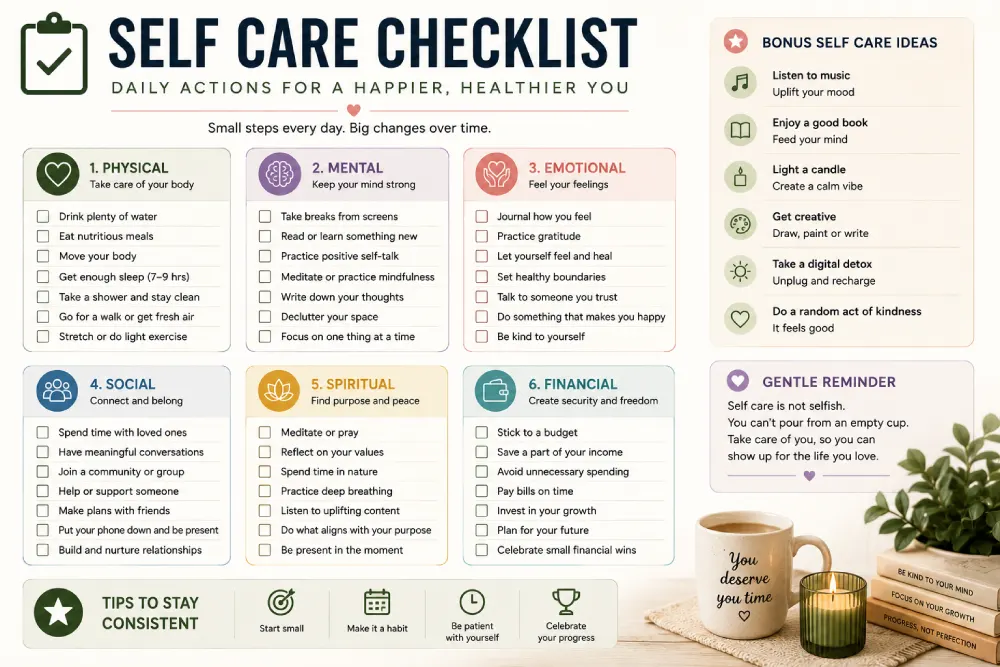 self care checklist with daily wellbeing check-in boxes