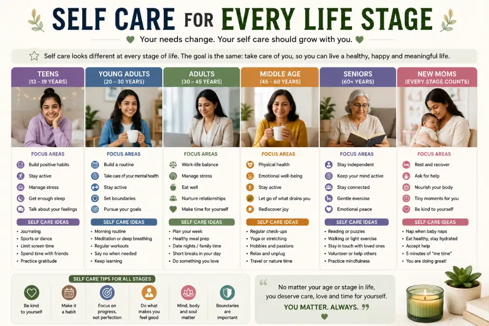 self care for different life stages including men and new moms