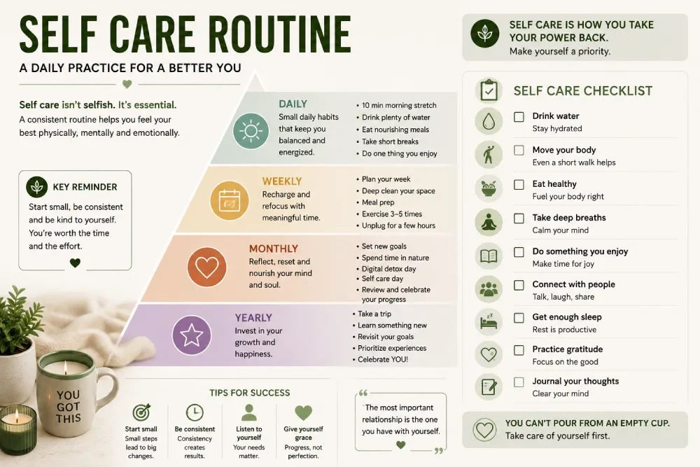 Three layer self care routine chart showing daily, weekly and monthly habits
