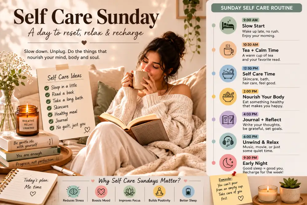 self care Sunday ritual setup with candle, book and tea
