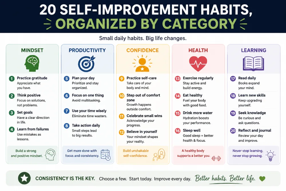 Checklist of 20 self-improvement habits organized by category