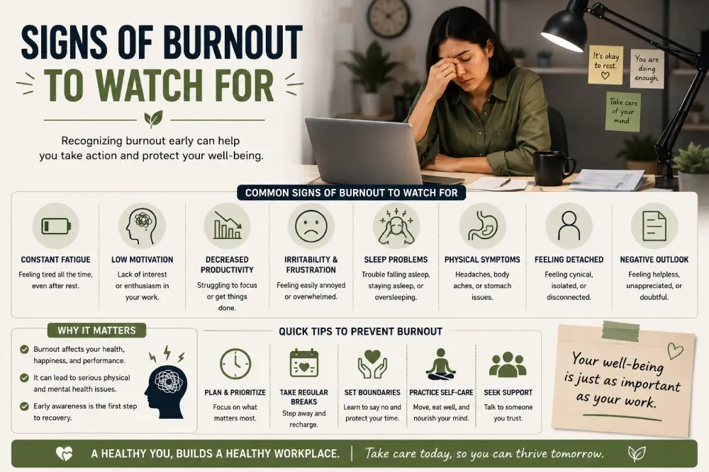 Common signs of burnout at work shown in a simple checklist